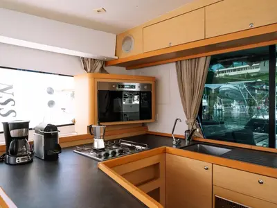 Galley of Benetnash II, a Lagoon 42 catamaran at Olbia, Italy