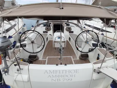 Cockpit of Amfithoe, a Jeanneau Sun Odyssey 519 sailboat at Volos, Greece