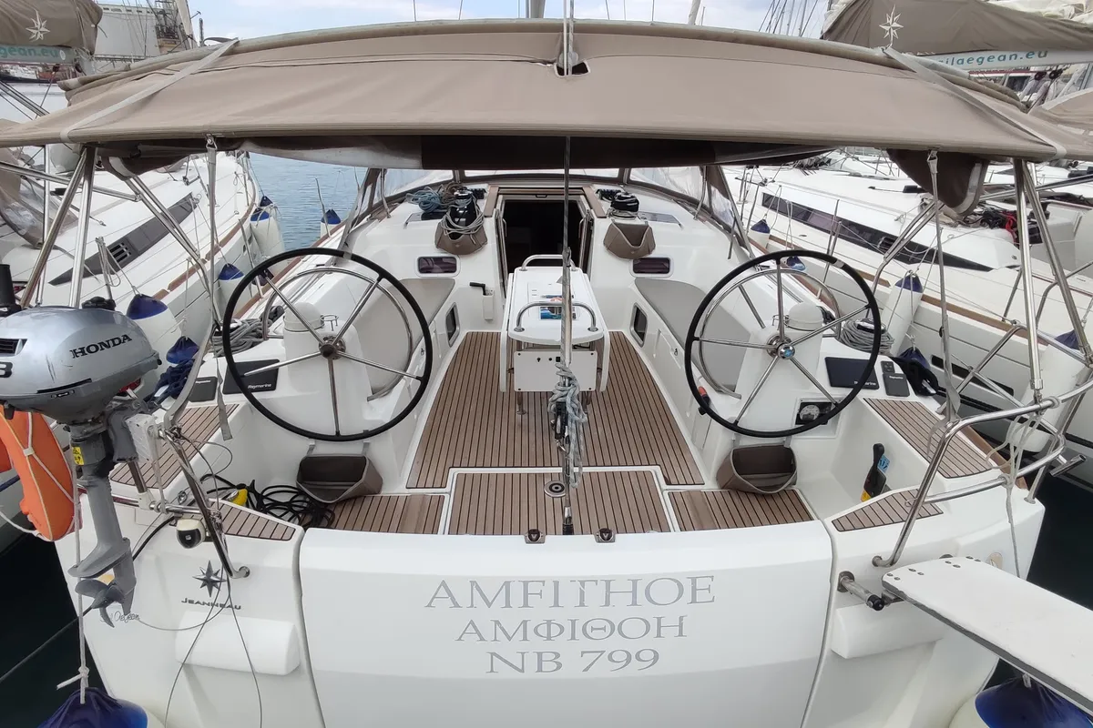 Cockpit of Amfithoe, a Jeanneau Sun Odyssey 519 sailboat at Volos, Greece