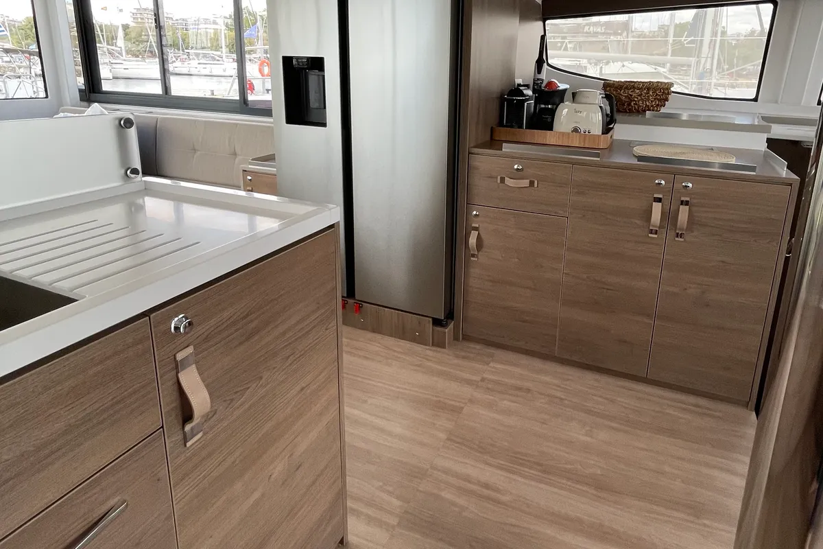 Galley of Romar III, a Bali 4.8 catamaran at Athens, Greece