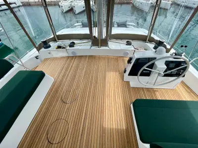 Cockpit of Romar III, a Bali 4.8 catamaran at Athens, Greece
