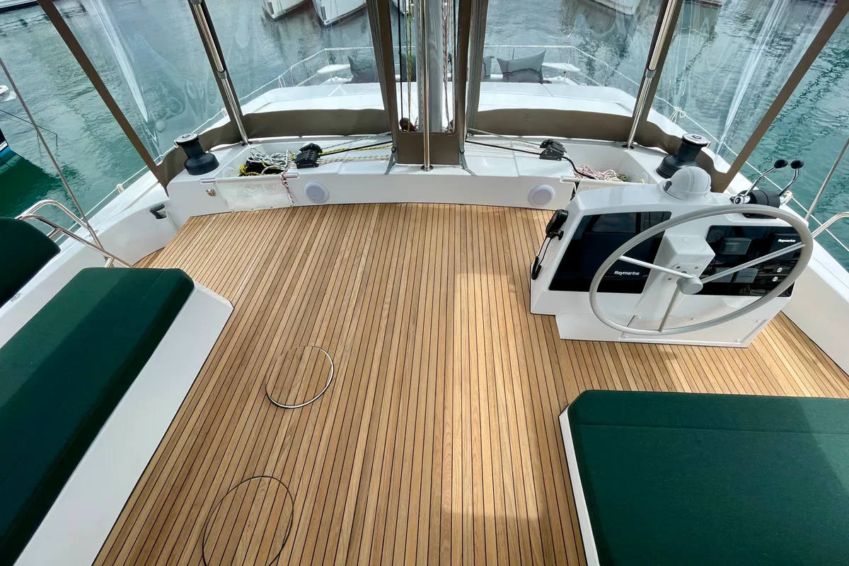 Cockpit of Romar III, a Bali 4.8 catamaran at Athens, Greece