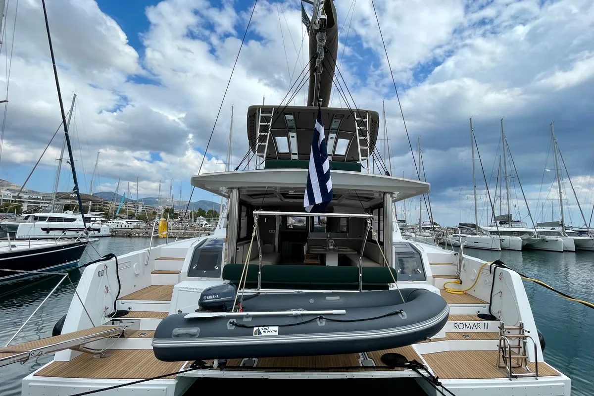 Exterior view of Romar III, a Bali 4.8 catamaran at Athens, Greece