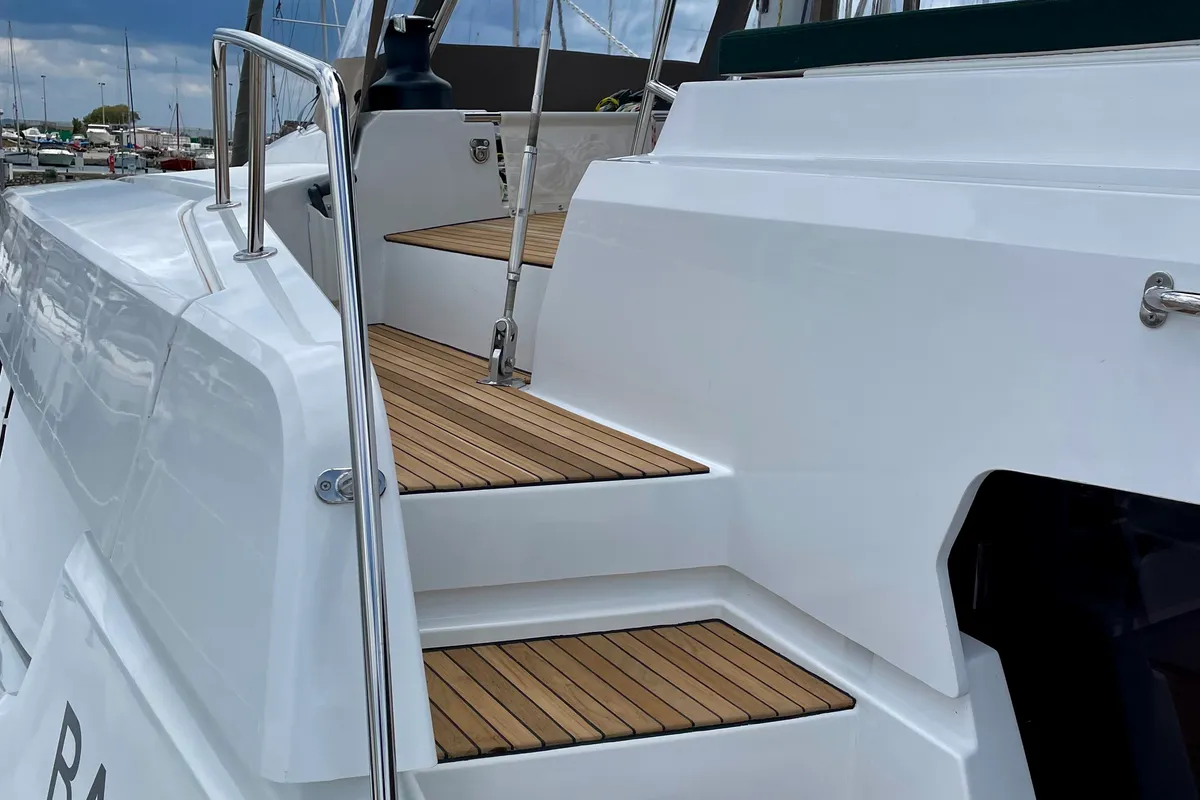 Deck of Romar III, a Bali 4.8 catamaran at Athens, Greece