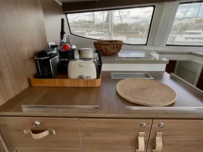 Galley of Romar III, a Bali 4.8 catamaran at Athens, Greece