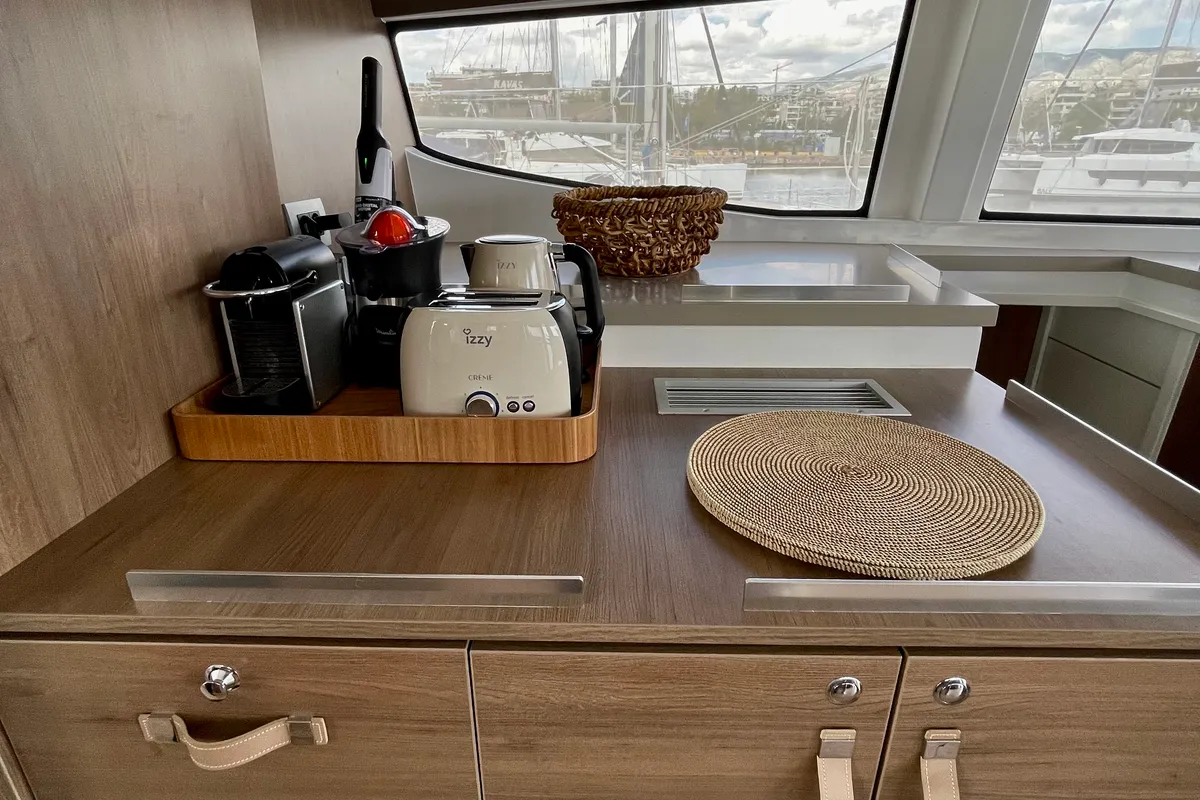 Galley of Romar III, a Bali 4.8 catamaran at Athens, Greece
