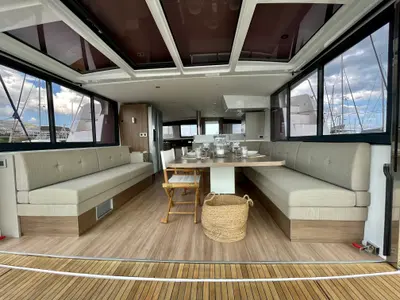 Salon of Romar III, a Bali 4.8 catamaran at Athens, Greece