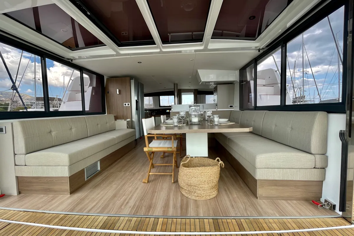 Salon of Romar III, a Bali 4.8 catamaran at Athens, Greece