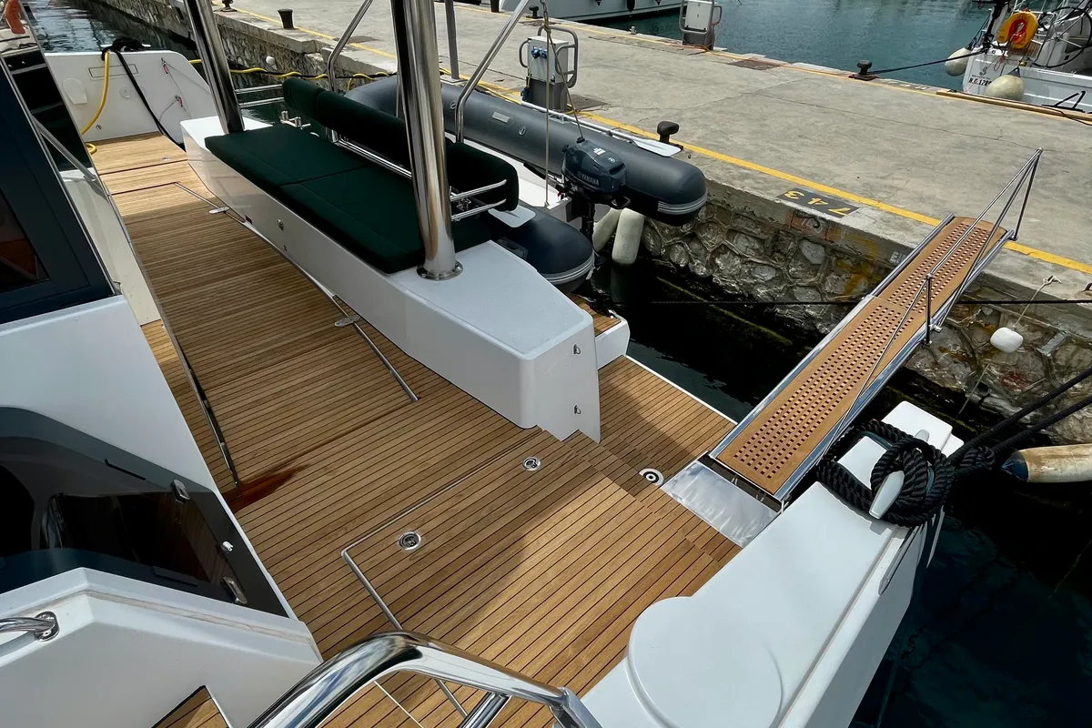 Deck of Romar III, a Bali 4.8 catamaran at Athens, Greece