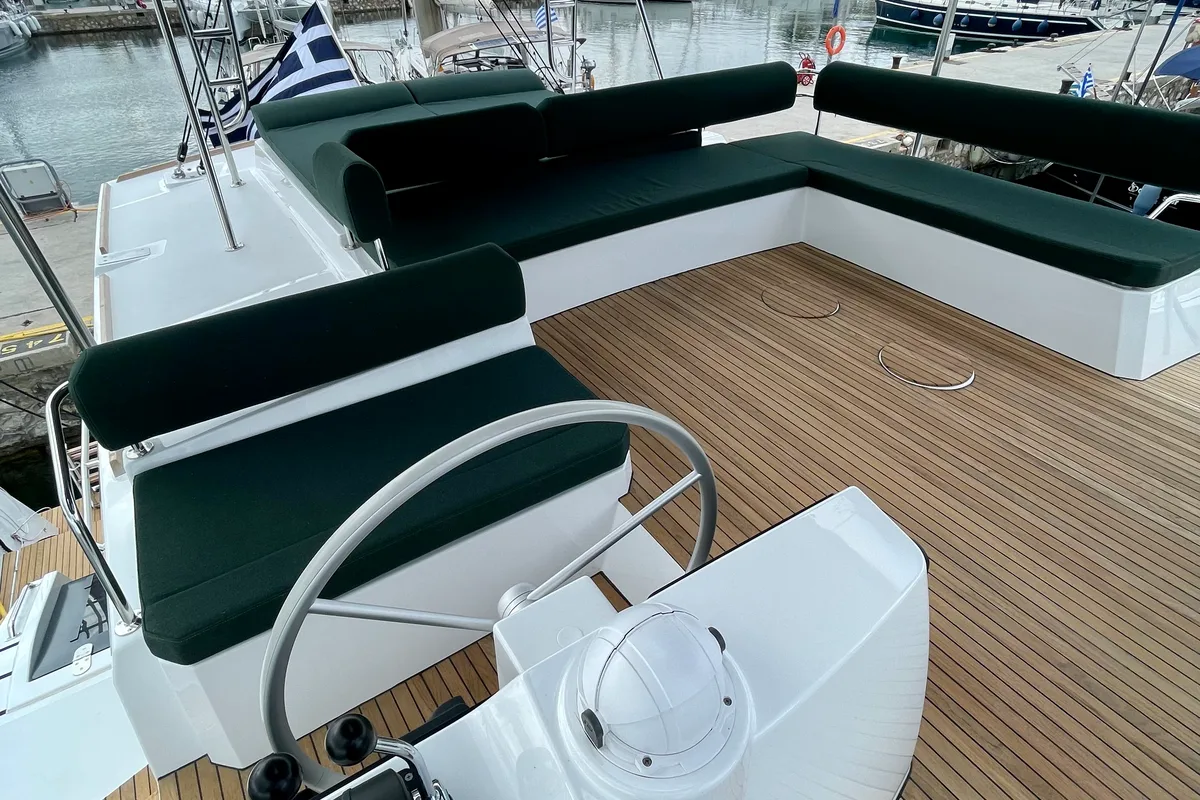 Cockpit of Romar III, a Bali 4.8 catamaran at Athens, Greece