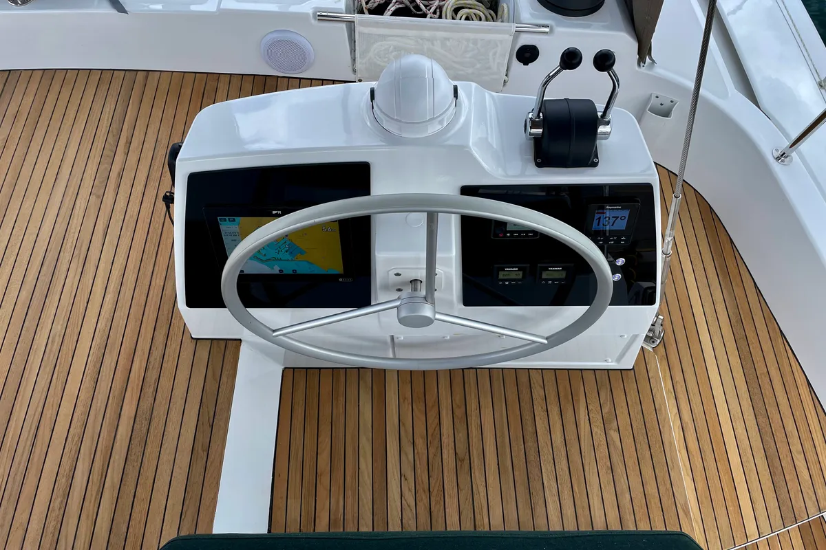 Cockpit of Romar III, a Bali 4.8 catamaran at Athens, Greece