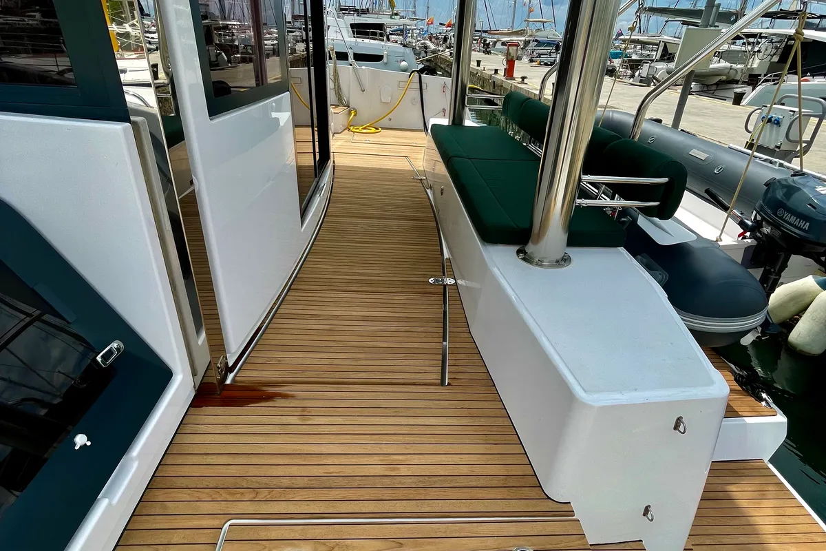 Deck of Romar III, a Bali 4.8 catamaran at Athens, Greece