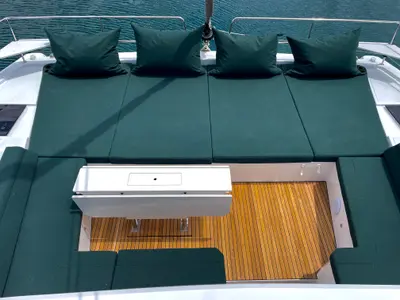 Deck of Romar III, a Bali 4.8 catamaran at Athens, Greece