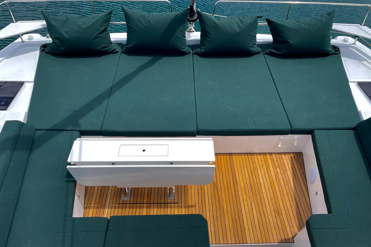 Deck of Romar III, a Bali 4.8 catamaran at Athens, Greece