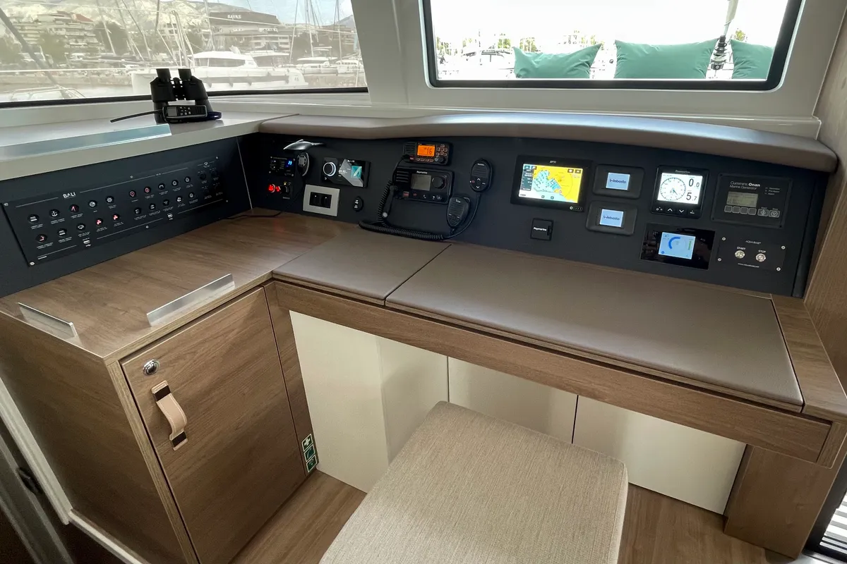 Cockpit of Romar III, a Bali 4.8 catamaran at Athens, Greece