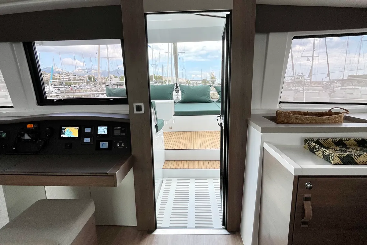 Salon of Romar III, a Bali 4.8 catamaran at Athens, Greece