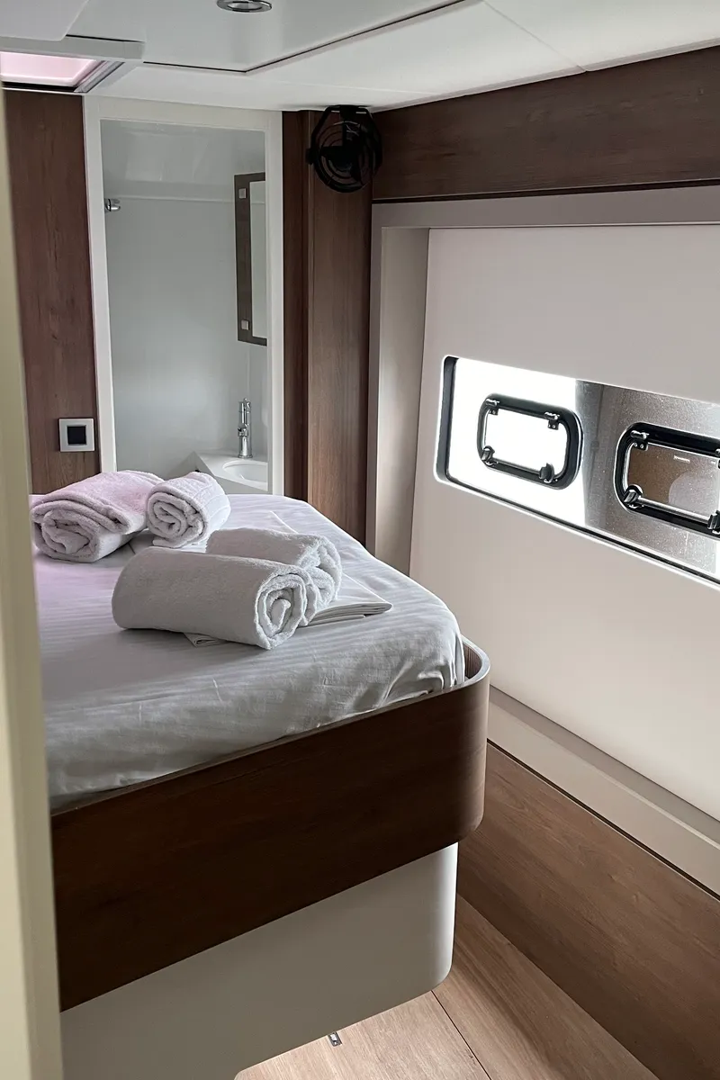 Cabin on Romar III, a Bali 4.8 catamaran at Athens, Greece