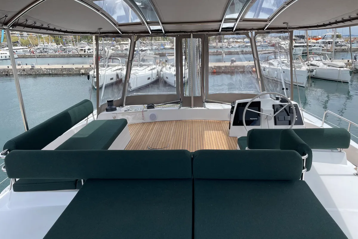 Deck of Romar III, a Bali 4.8 catamaran at Athens, Greece