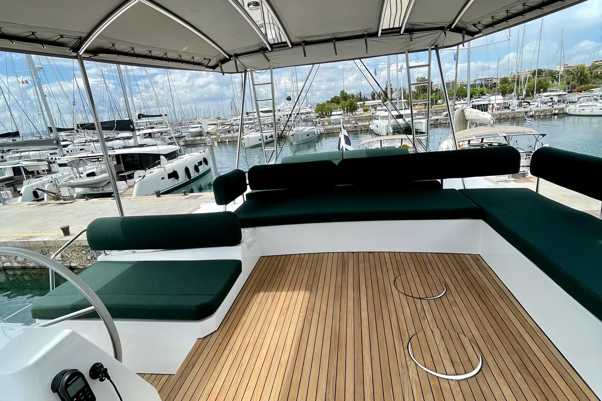 Deck of Romar III, a Bali 4.8 catamaran at Athens, Greece