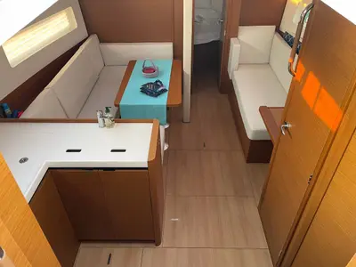 Salon of Just Happy, a Jeanneau Sun Odyssey 380 sailboat at Fethiye, Turkey