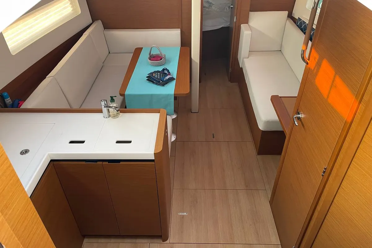 Salon of Just Happy, a Jeanneau Sun Odyssey 380 sailboat at Fethiye, Turkey