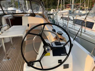 Cockpit of Just Happy, a Jeanneau Sun Odyssey 380 sailboat at Fethiye, Turkey