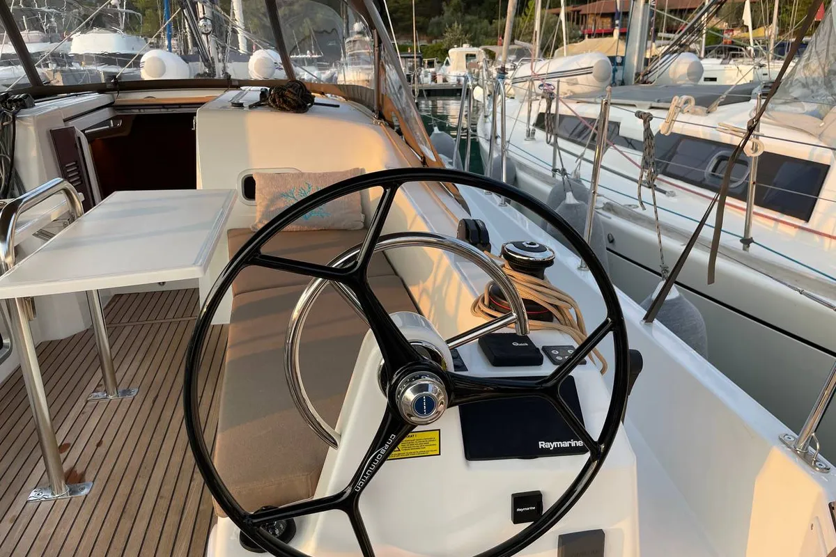 Cockpit of Just Happy, a Jeanneau Sun Odyssey 380 sailboat at Fethiye, Turkey