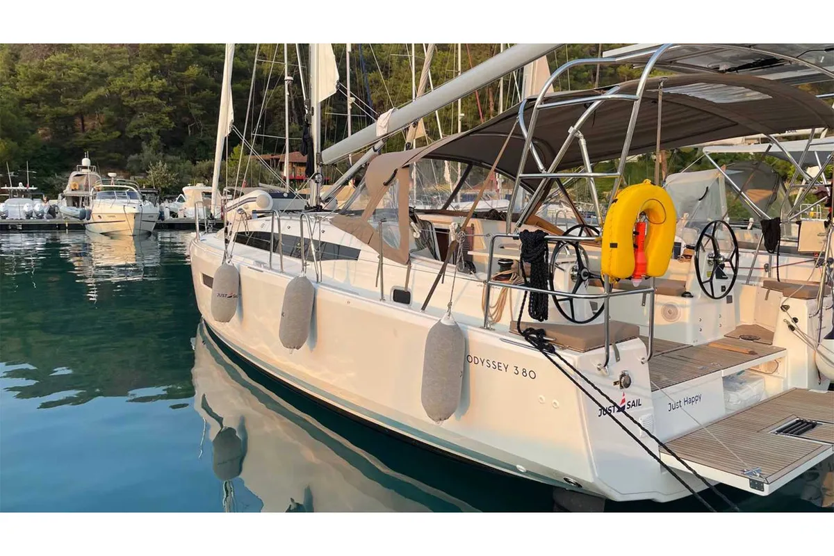 Just Happy, a Jeanneau Sun Odyssey 380 sailboat at Fethiye, Turkey