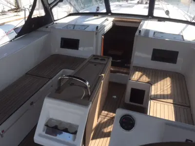 Cockpit of Alnair, a Bavaria C45 Holiday sailboat at Salerno, Italy