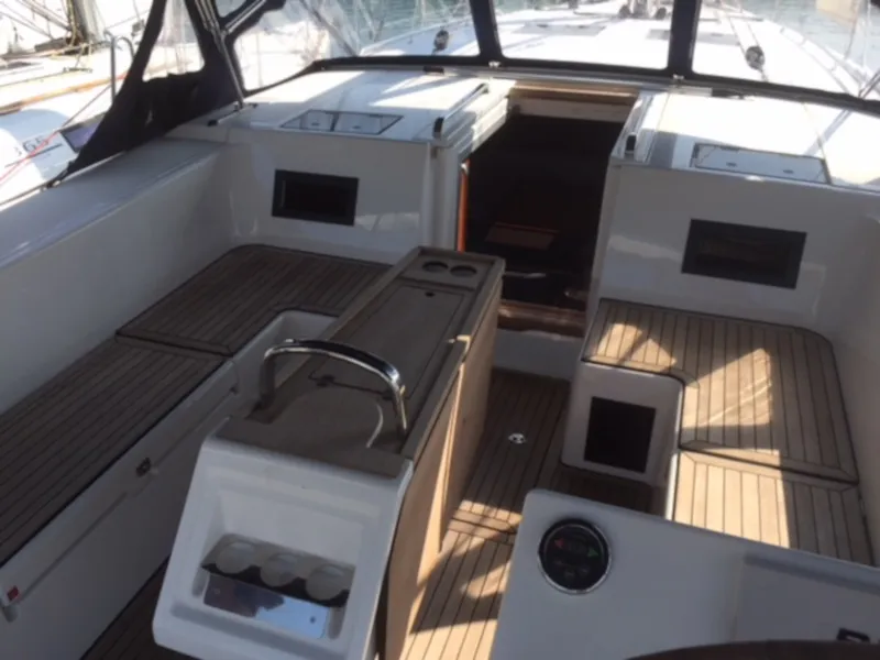 Cockpit of Alnair, a Bavaria C45 Holiday sailboat at Salerno, Italy