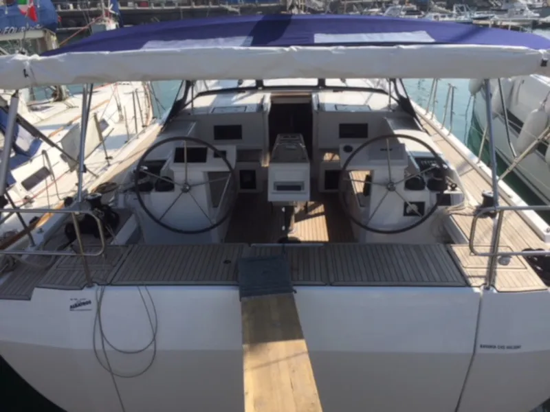 Cockpit of Alnair, a Bavaria C45 Holiday sailboat at Salerno, Italy