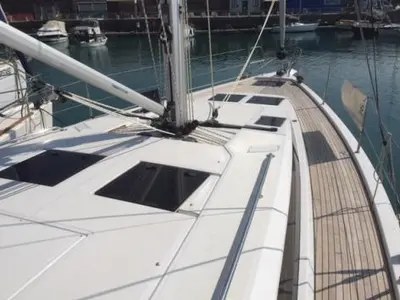 Deck of Alnair, a Bavaria C45 Holiday sailboat at Salerno, Italy