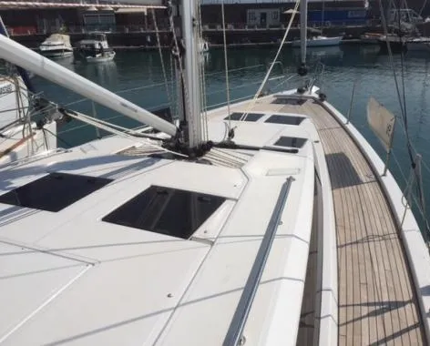 Deck of Alnair, a Bavaria C45 Holiday sailboat at Salerno, Italy