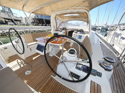 Cockpit of Copa Brasil, a Beneteau Oceanis 50 Family sailboat at Grad Pula, Croatia