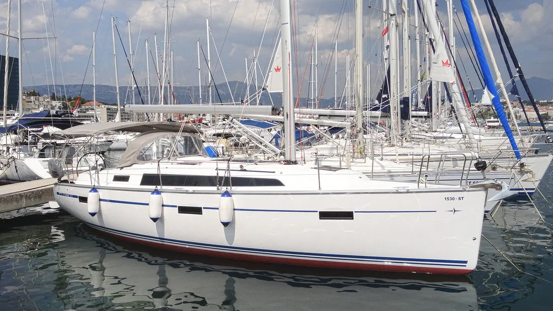 Exterior view of Lirica, a Bavaria Cruiser 37 sailboat at Split, Croatia
