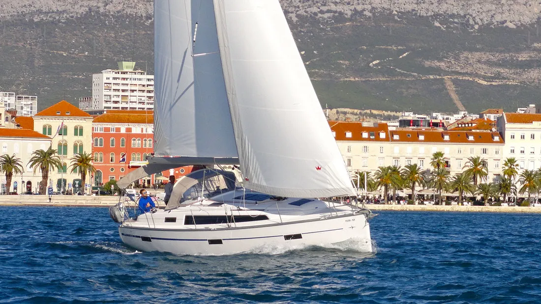 Exterior view of Lirica, a Bavaria Cruiser 37 sailboat at Split, Croatia