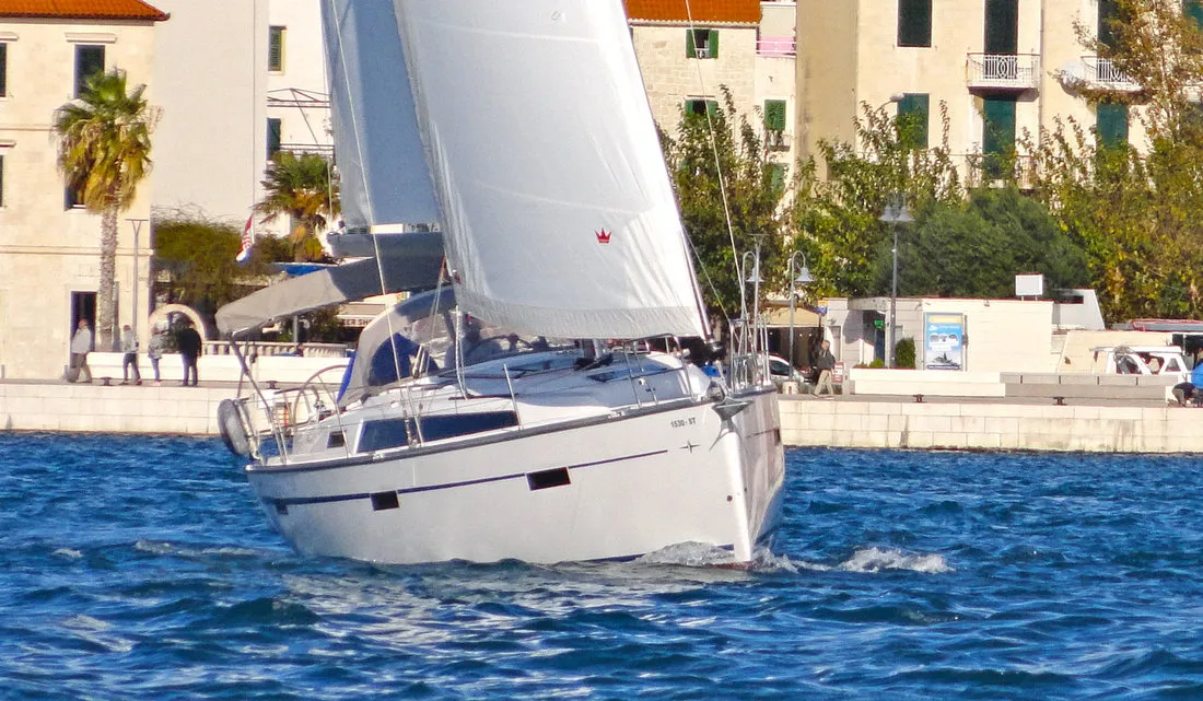 Exterior view of Lirica, a Bavaria Cruiser 37 sailboat at Split, Croatia