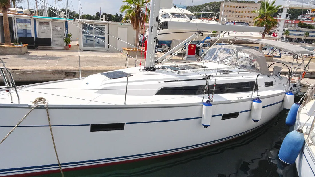 Exterior view of Lirica, a Bavaria Cruiser 37 sailboat at Split, Croatia