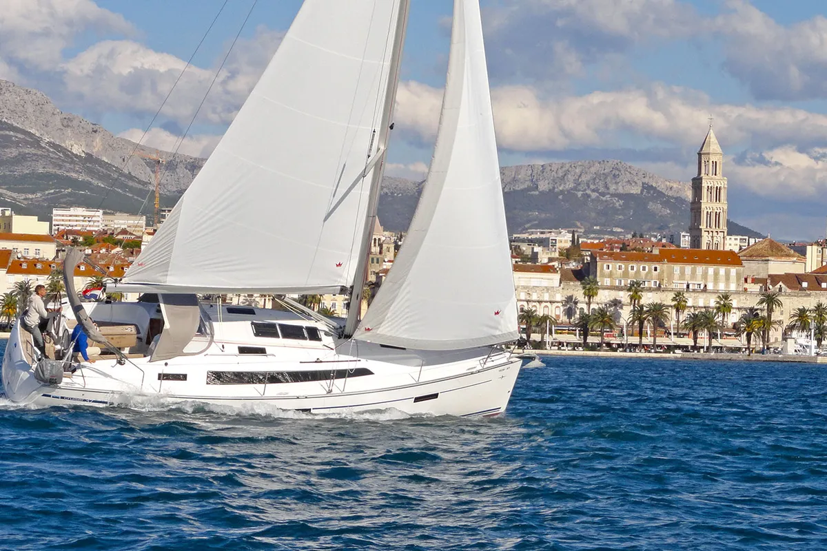 Exterior view of Lirica, a Bavaria Cruiser 37 sailboat at Split, Croatia