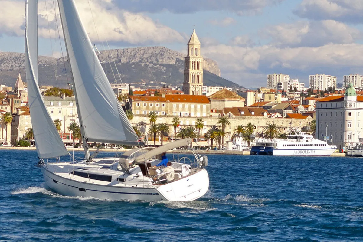 Exterior view of Lirica, a Bavaria Cruiser 37 sailboat at Split, Croatia