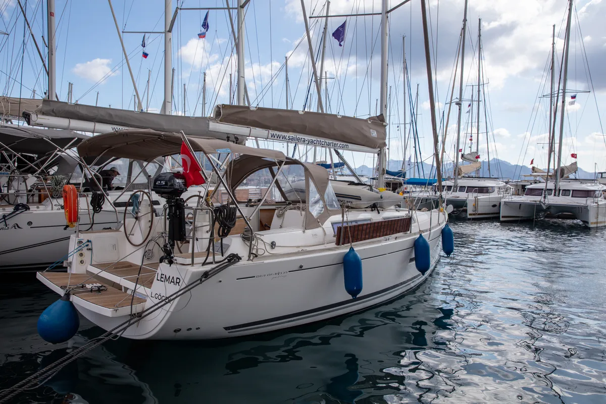 Exterior view of Lemar, a Dufour 335 Grand Large sailboat at Marmaris, Turkey