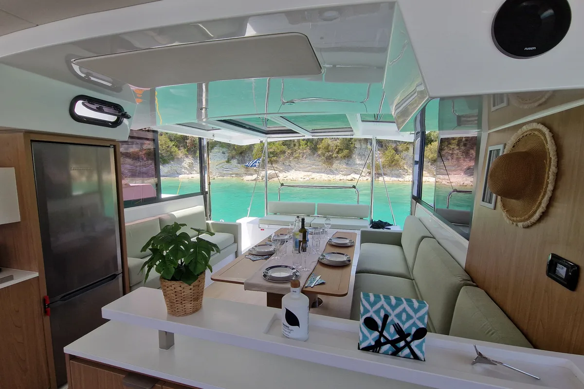 Salon of Selene, a Bali Catspace catamaran at Kontokali, Greece