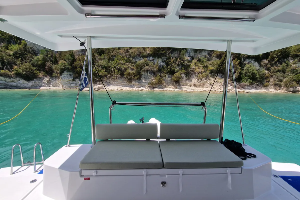 Deck of Selene, a Bali Catspace catamaran at Kontokali, Greece
