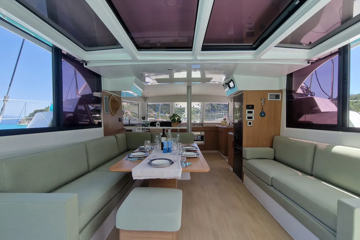 Salon of Selene, a Bali Catspace catamaran at Kontokali, Greece