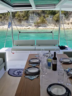 Salon of Selene, a Bali Catspace catamaran at Kontokali, Greece