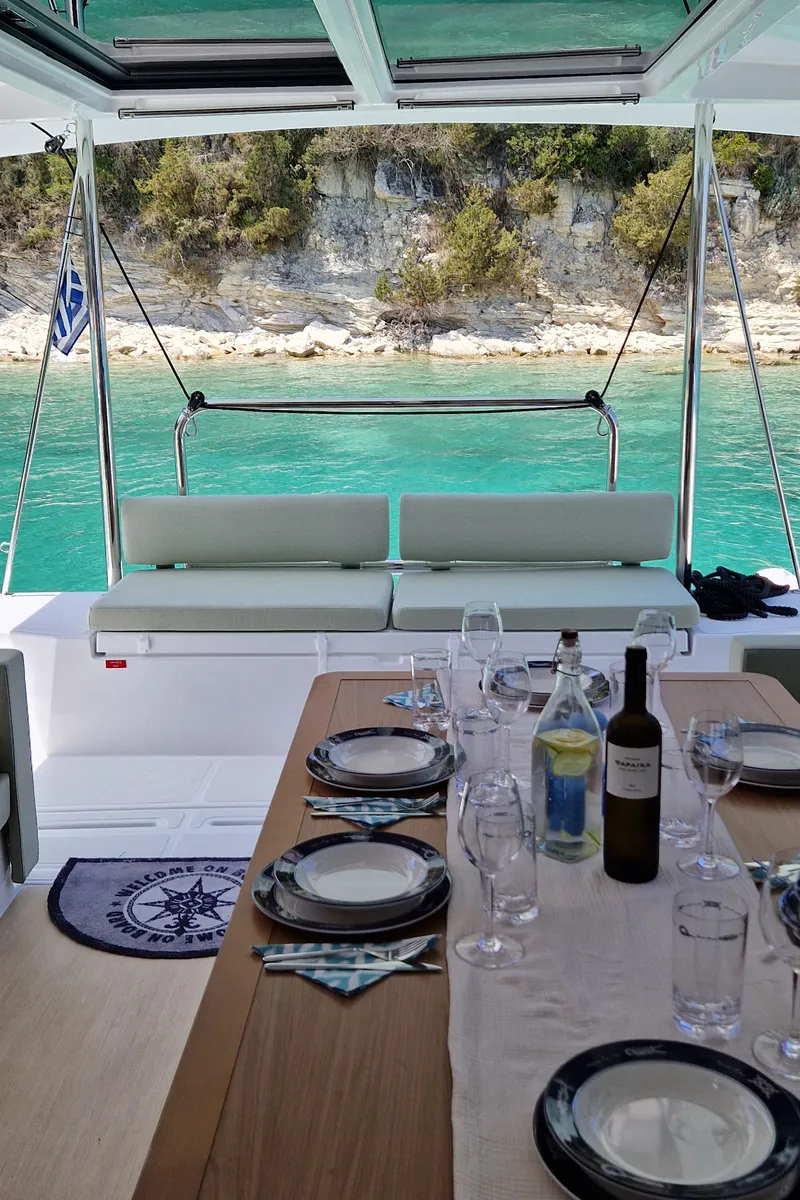Salon of Selene, a Bali Catspace catamaran at Kontokali, Greece