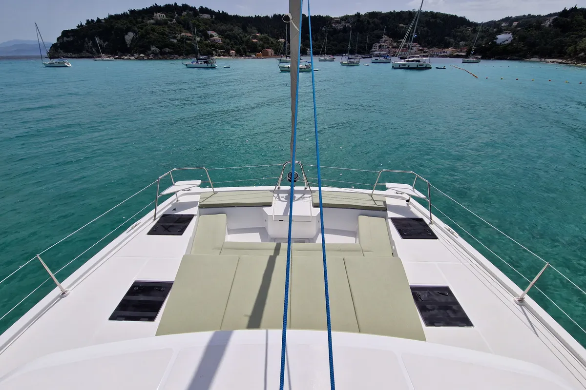 Deck of Selene, a Bali Catspace catamaran at Kontokali, Greece