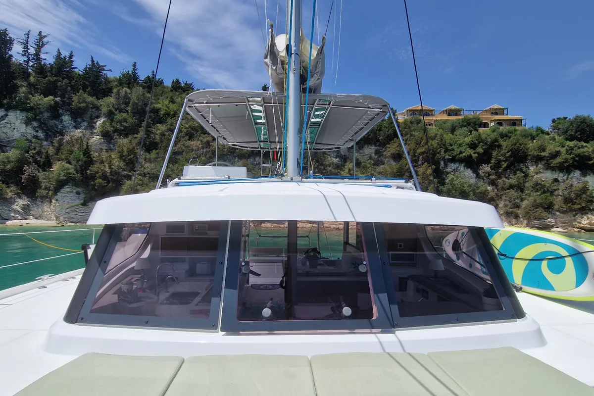 Deck of Selene, a Bali Catspace catamaran at Kontokali, Greece