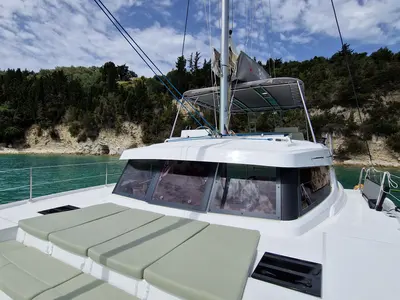 Deck of Selene, a Bali Catspace catamaran at Kontokali, Greece
