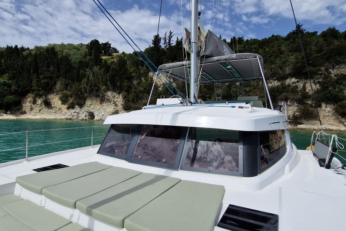 Deck of Selene, a Bali Catspace catamaran at Kontokali, Greece